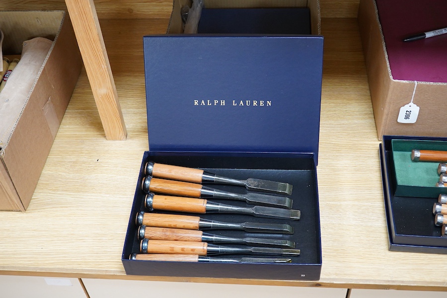 Four sets of Japanese chisels, including a set of six Kote Nomi cranked neck trowel chisels, a set of seven mortise chisels, and two other cabinetmakers sets (22 in total), plus two Japanese hammers/mallets